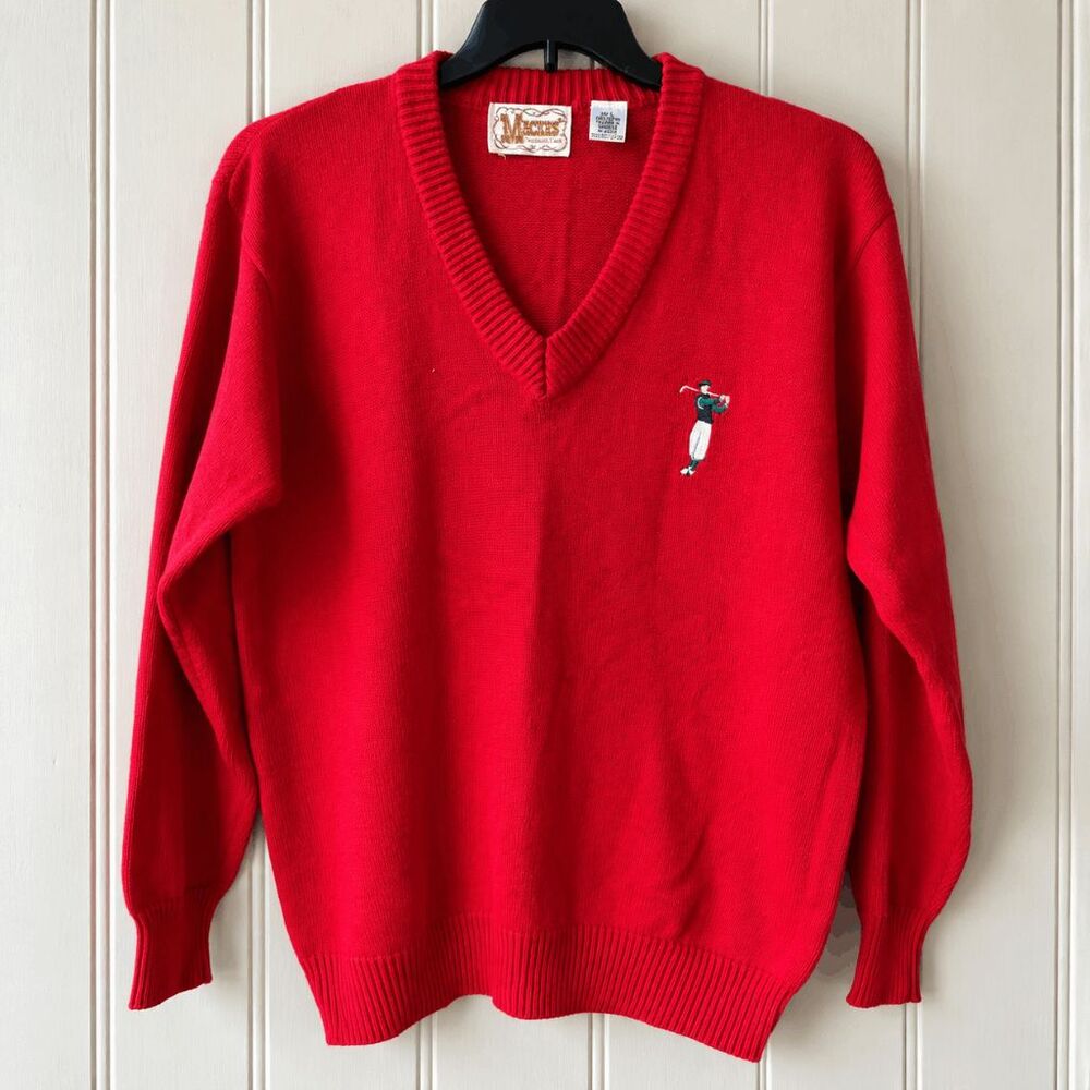 VTG McGregor Golf Sweater 100% Cotton Embroidered Golfer V-Neck Large Red